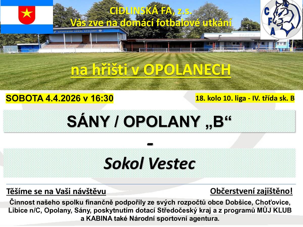 Cidlinská FA vás zve na domácí fotbalové utkání na hřišti v Opolanech v sobotu 4.4. v 16.30 hod.