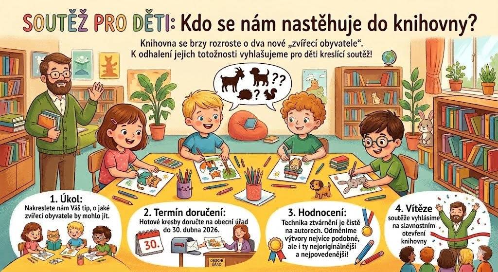 📚Z důvodu rekonstrukce bude obecní knihovna uzavřena v termínu od 1. dubna  do 5. května 2026. Co nového Vám nabídneme? Těšíme se, že v nové knihovně spustíme dvě zcela nové služby: 📕 1. Půjčování deskových her - dejte nám prosím vědět, jakou hru byste si rádi vypůjčili na e-mail sablaturova@zavisice.cz nebo osobně do 15.04.2026. 📗 2. Minijarmark ručně tvořených výrobků, kde budete moci vystavit a nabídnout k prodeji své rukodělné výrobky. Výrobky doneste prosím na obecní úřad do 5.května 2026. 📘Knihovna se rozroste o dva nové zvířecí obyvatele. K odhalení jejich totožnosti vyhlašujeme pro děti kreslící soutěž. Nakreslete nám Váš Tip, o jaké zvířecí obyvatele by mohlo jít a kresby nám doručte na OÚ do 30.dubna. Vítěze vyhlásíme na slavnostním otevření knihovny.
