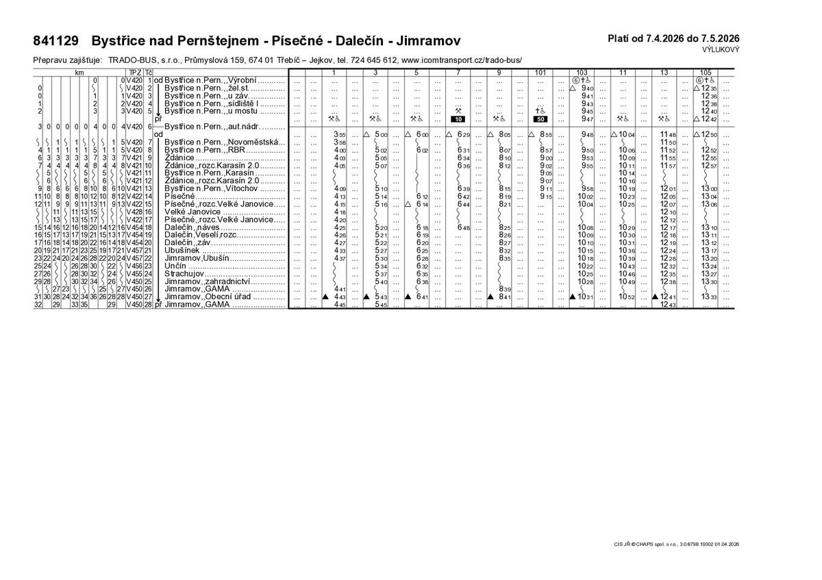 Upozorňujeme vás na dopravní omezení ve dnech 13.4.-7.5.2026 způsobené opravou komunikace ve směru na Písečné. Z důvodu této uzavírky bude veškerý provoz ze směru Bystřice n/P - Jimramov převeden přes naši obec. Dbejte prosím zvýšené opatrnosti při pohybu po obci (zejména u dětí). Další upozornění se týká změny v autobusových jízdních řádech platné od 7.4. - 7.5.2026. Více na vývěsce nebo https://www.obeczdanice.cz Hezký de