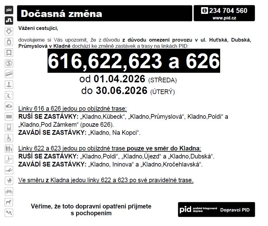 Z důvodu omezení provozu v ul. Huťská, Dubská, Průmyslová v Kladně dochází ke změně zastávek a trasy linky 616 od 1. 4. do 30. 6. 2026
