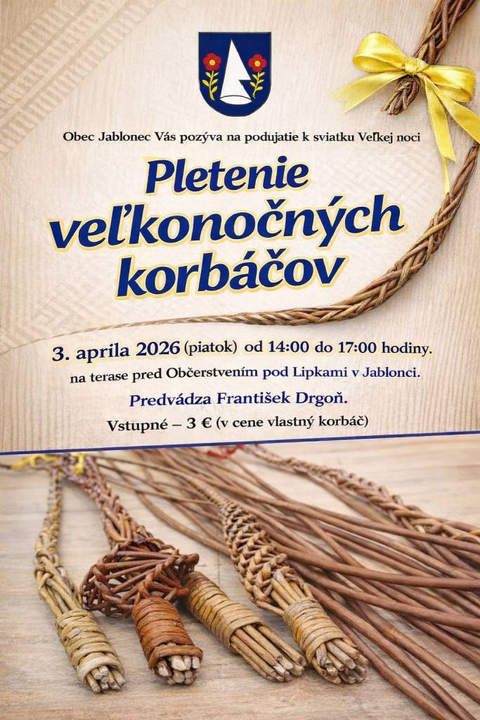 Pozývame Vás na pletenie korbáčov, ktoré sa bude konať v piatok 3. apríla 2026 od 14:00 hodiny v Občerstvení pod Lipkami. Príďte si zakúpiť alebo vyrobiť si vlastný korbáč.