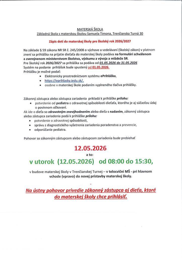 utorok 12.05.2026 od 08:00 do 15:30 h.