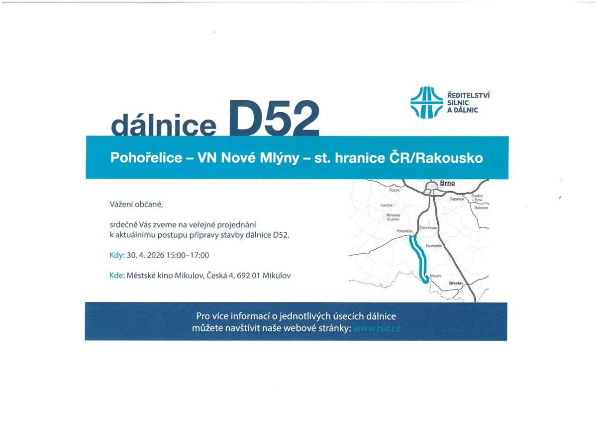 Pozvánka na veřejné projednání k aktuálnímu postupu přípravy stavby dálnice D52.
