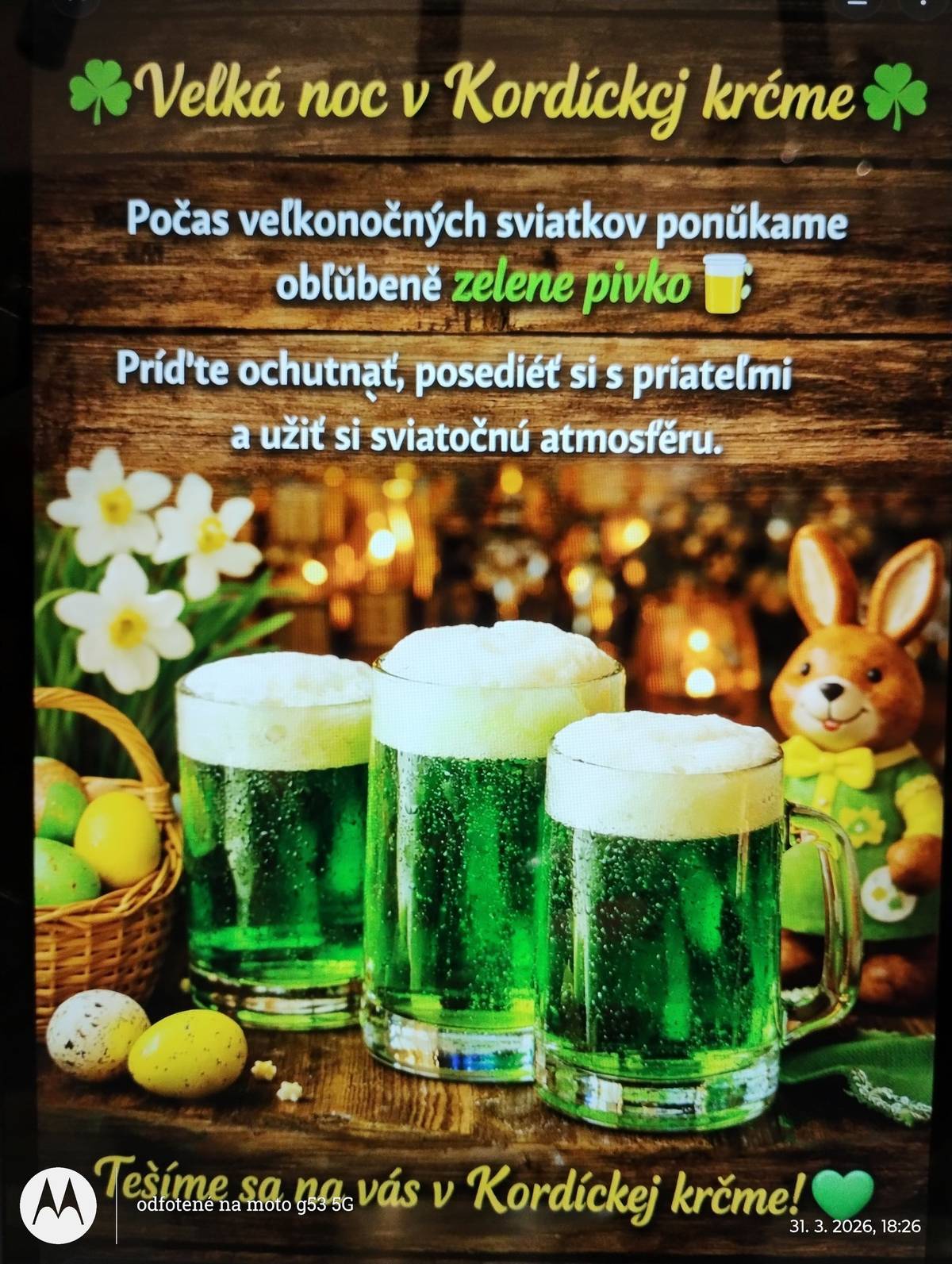 Miestne pohostinstvo LA-RA s.r.o. Vás všetkých srdečne pozýva na zelené pivko 🍺 počas Veľkonočných sviatkov .