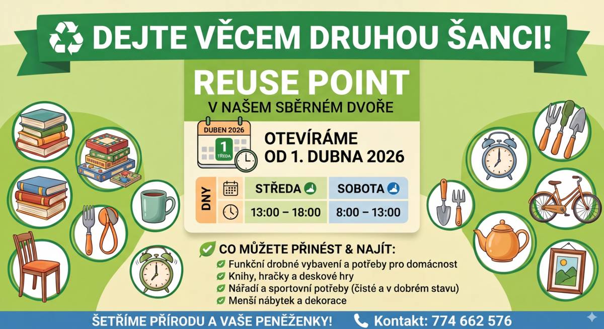 Od 1. dubna 2026, otevíráme v areálu našeho sběrného dvora nový RE-USE POINT - aneb dejte věcem druhou šanci.