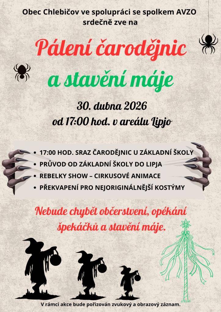 Pálení čarodějnic a stavění máje 30. dubna od 17 hod.   v areálu Lipjo.