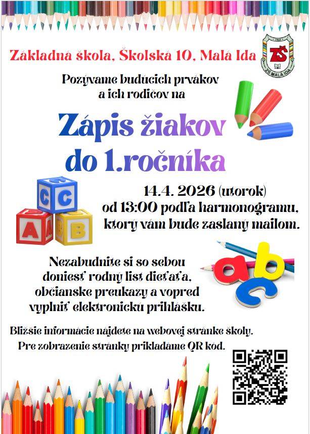 ZŠ Malá Ida pozýva budúcich prvákov na zápis do 1.ročníka dňa 14.04.2026.
