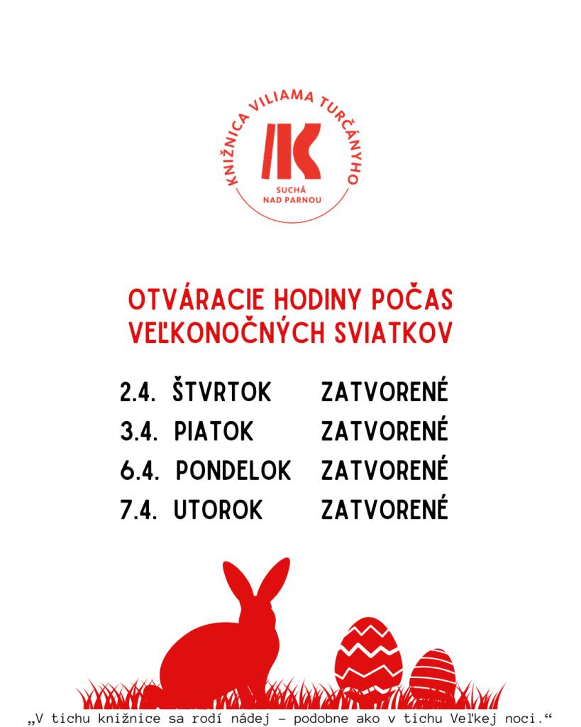 Milí návštevníci a čitatelia, knižnica bude počas veľkonočných sviatkov zatvorená.