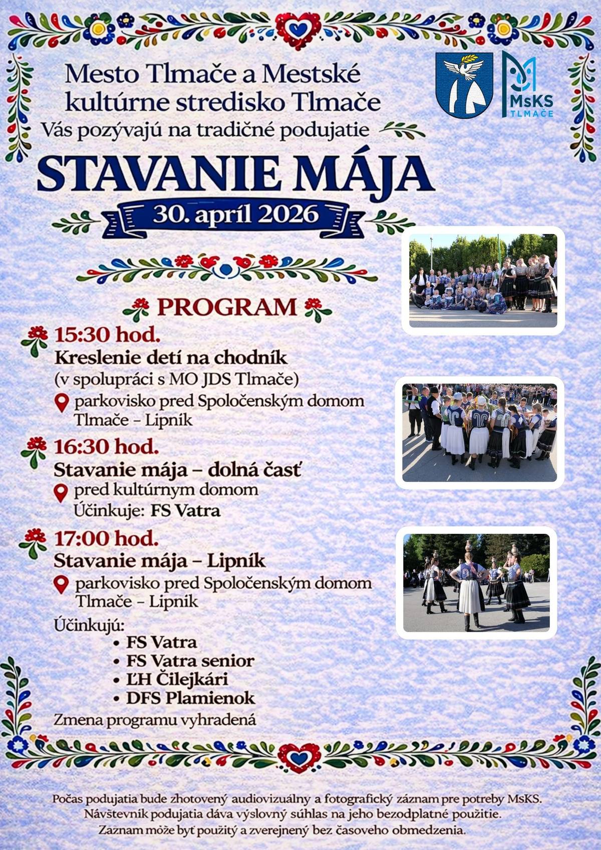 🌿 Máj, lásky čas… a u nás aj čas tradícií 🌿 Vo vzduchu už cítiť jar, všetko kvitne a presne takúto atmosféru si spolu vychutnáme aj pri tradičnom stavaní mája. Príďte sa pozrieť, ako sa spája folklór, hudba a dobrá nálada do jedného krásneho popoludnia plného života. 💚 Čaká vás program, ktorý poteší malých aj veľkých – od tvorivých chvíľ pre deti až po samotné stavanie mája sprevádzané spevom, tancom a živou energiou. Toto je ten moment, keď sa stretne komunita, zasmeje sa, porozpráva a spoločne vytvorí atmosféru, na ktorú sa každý rok tešíme. 🗓️ 30. apríla 2026 📍 Tlmače – Lipník Zoberte rodinu, priateľov, dobrú náladu a príďte si užiť tradície tak, ako majú byť – spolu. 🌸 Tešíme sa na vás pod májom!