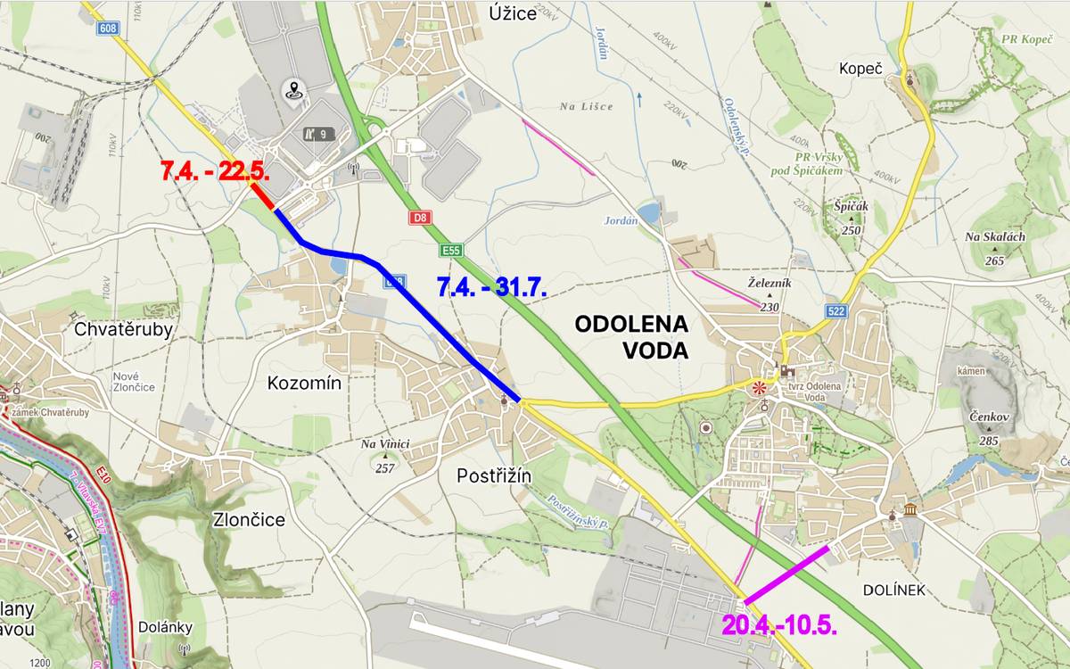 Silnice II/608 „Státovka“ Od 7. 4. – 31. 7. bude uzavřen celý úsek mezi okružní křižovatkou v Postřižíně a okružní křižovatkou směr Kralupy nad Vltavou. Úsek mezi okružní křižovatkou na Kralupy n. Vltavou a křižovatkou směr dálnice D8 a Úžice bude otevřen od 23. 5. Upravené trasy autobusových linek jsou vyznačeny graficky. Změnové jízdní řády autobusových linek jsou zveřejněny na webových stránkách www.pid.cz.  Silnice III/0087 „Pražská“ V termínu 20. 4. – 10. 5. bude uzavřen úsek silnice III/0087 (ulice Pražská) od Aera k Tescu. O změnách v autobusové dopravě při této uzavírce vás budeme informovat, jakmile budou k dispozici jízdní řády.