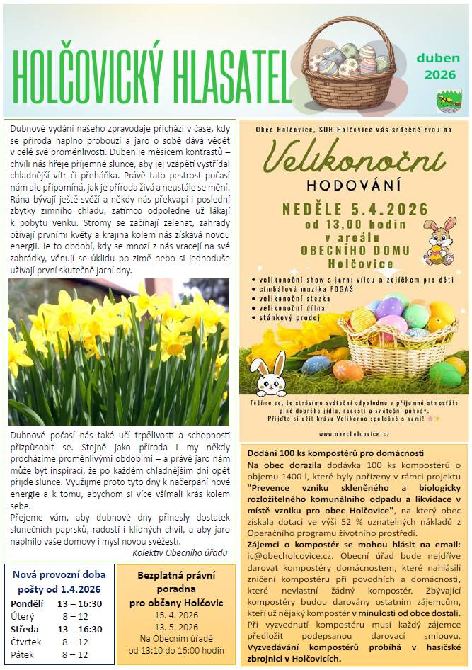 Dubnové vydání hlasatele si můžete přečíst online na https://www.obecholcovice.cz/assets/File.ashx?id_org=4086&id_dokumenty=8538