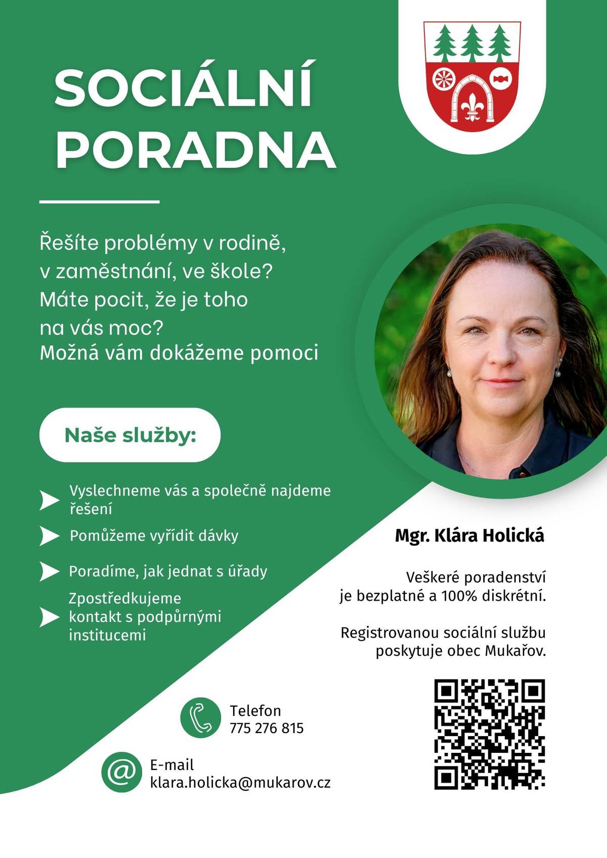 Řešíte problémy v rodině, v práci nebo ve škole? Máte pocit, že je toho na vás moc? Nejste na to sami – rádi vám pomůžeme 🤝 👩💼 Mgr. Klára Holická nabízí: ✔️ Naslouchání a společné hledání řešení ✔️ Pomoc s vyřízením dávek ✔️ Poradenství při jednání s úřady ✔️ Zprostředkování kontaktu na podpůrné instituce ✅ Veškeré poradenství je ZDARMA a 100% diskrétní. 📞 Telefon: 775 276 815 📧 E-mail: klara.holicka@mukarov.cz Neváhejte se ozvat – někdy stačí první krok 💚