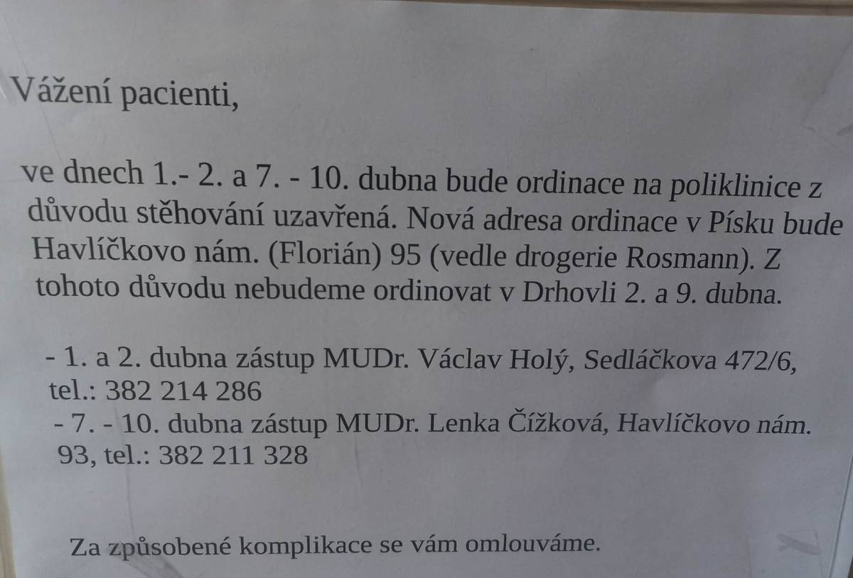 Dne 2 a 9 dubna lékař v Drhovli neordinuje. V případě potřeby zastupuje 1 - 2 dubna MUDr. Václav Holý tel. 382214286 a 7-10 dubna MUDr. Lenka Čížková tel. 382211328.