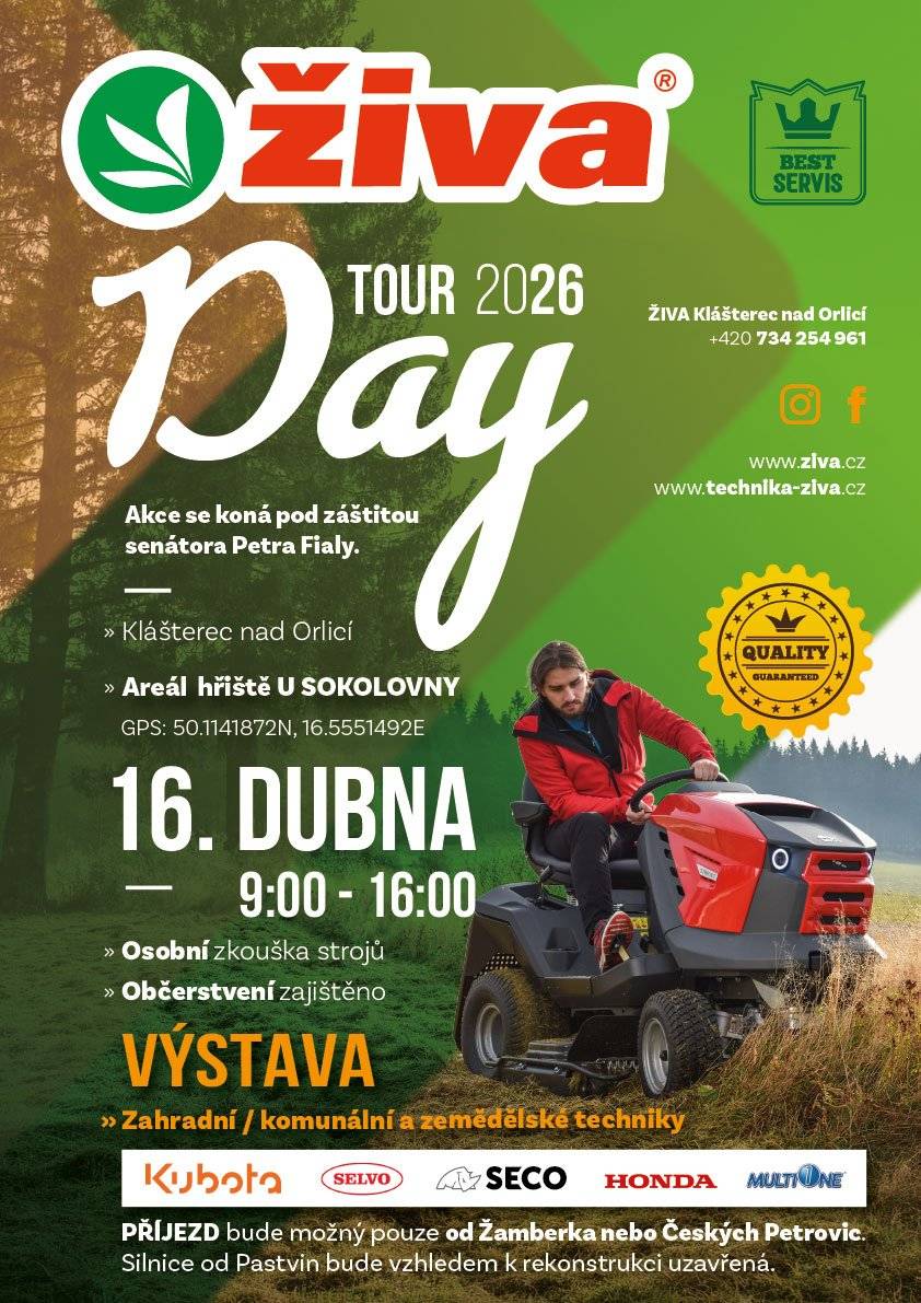 Přijďte se podívat na výstavu zahradní / komunální a zemědělské techniky. Kdy: čtvrtek 16. 4. 2026 od 9:00 do 16:00 Kde: Areál hřiště u Sokolovny Klášterec nad Orlicí  Osobní zkouška strojů Občerstvení zajištěno