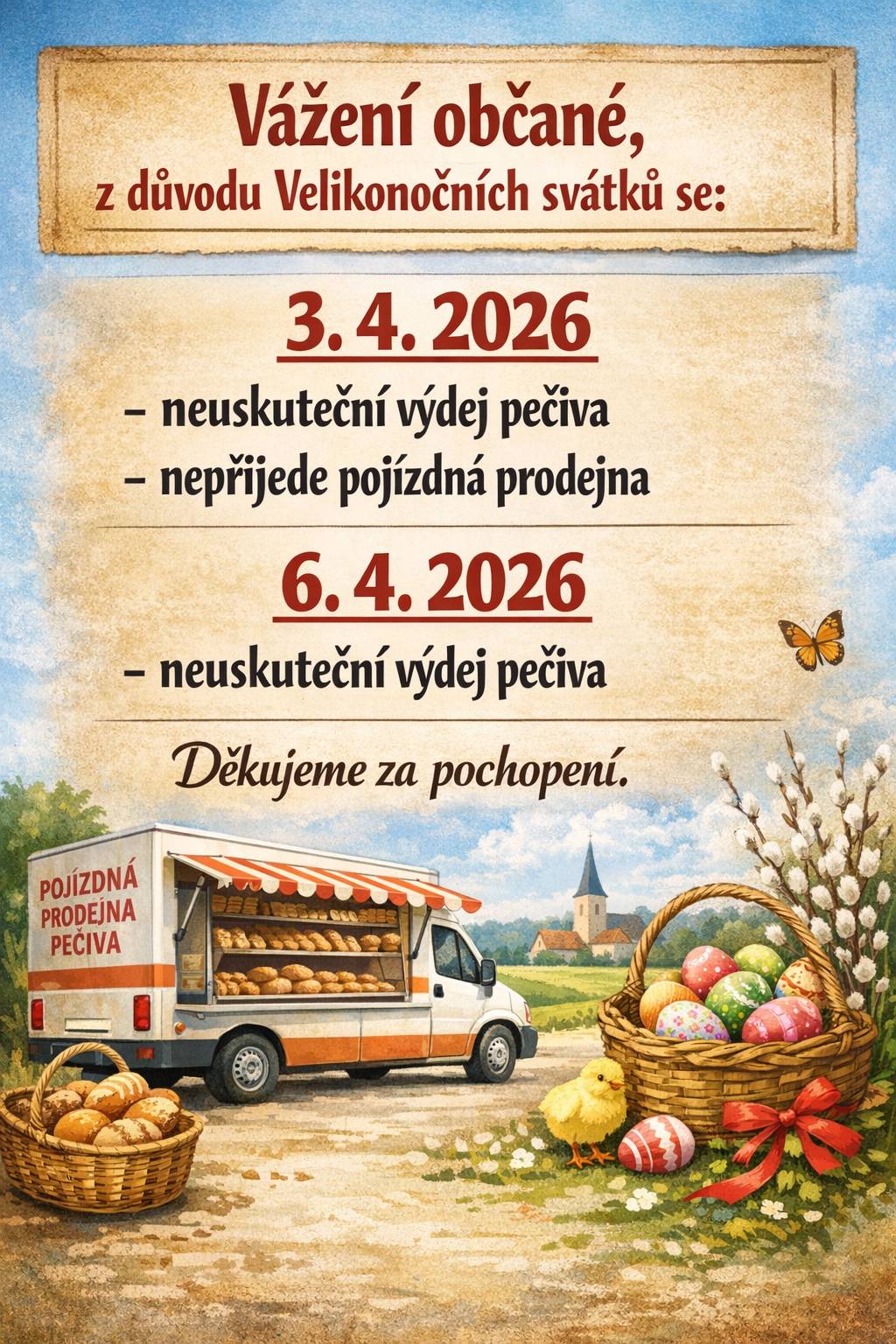 Vážení občané, z důvodu Velikonočních svátků se: 3. 4. 2026 - neuskuteční výdej pečiva - nepřijede pojízdná prodejna  6. 4. 2026 - neuskuteční výdej pečiva  Děkujeme za pochopení.