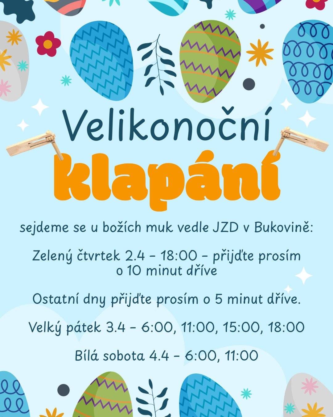 Obecní knihovna Vás zve ve čtvrtek dne 2. dubna na Velikonoční bojovku. Začátek i konec trasy bude v knihovně, zúčastnit se můžete kdykoliv v čase od 15 ti do 18 ti hodin. V rámci velikonočních svátků proběhne v naší obci tradiční klapání. Sraz dobrovolníků na Zelený čtvrtek dne 2. dubna v 18 hodin u Božích muk vedle JZD. Prodejna Oříšek-Jede bude v úterý dne 7. dubna od 13 hodin prodávat bohatý sortiment ořechů, suchých plodů, sušeného ovoce a cukrovinek. Řeznictví a uzenářství D-MASO Blažovice v úterý dne 7. dubna z důvodu dovolené nepřijede. Místní obchod-otevírací doba svátky velikonoční 2026: Pátek od 7.00 do 17.30 hodin Pondělí od 7.00 do 13.30 hodi