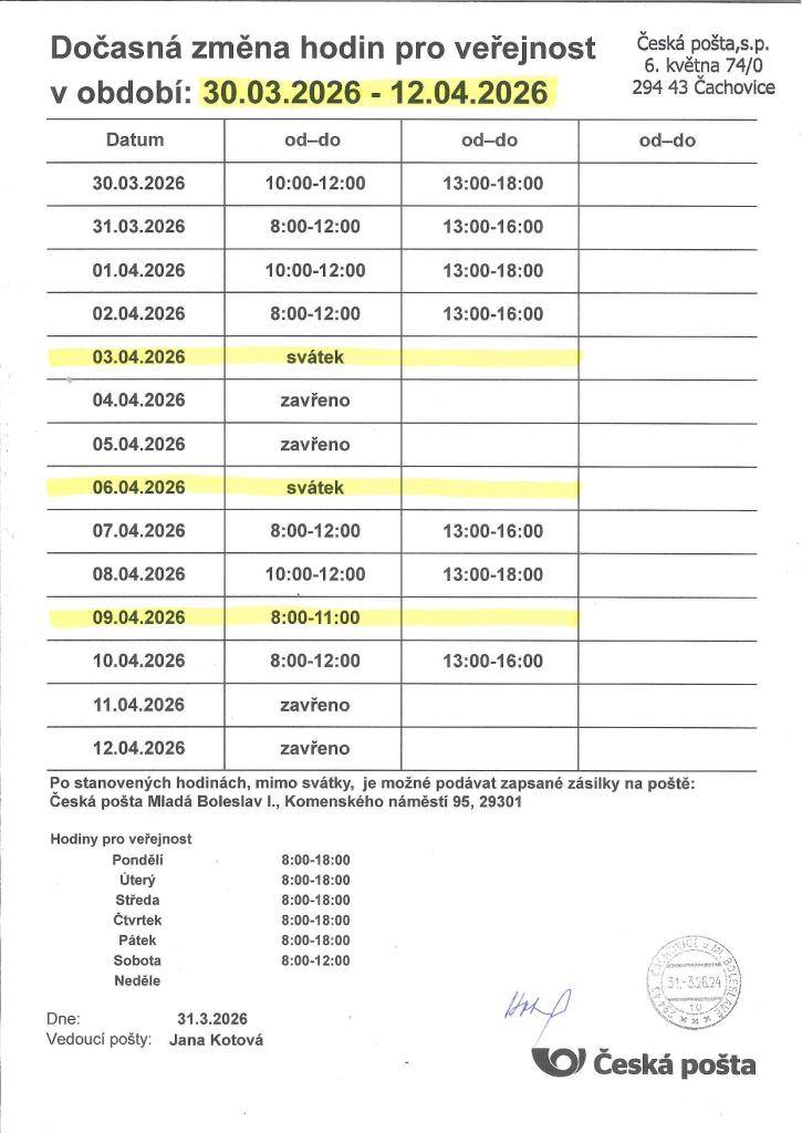 Pošta Čachovice oznamuje omezení pracovní doby ve čtvrtek 9.4.2026, otevřeno bude pouze 8:00-11:00.