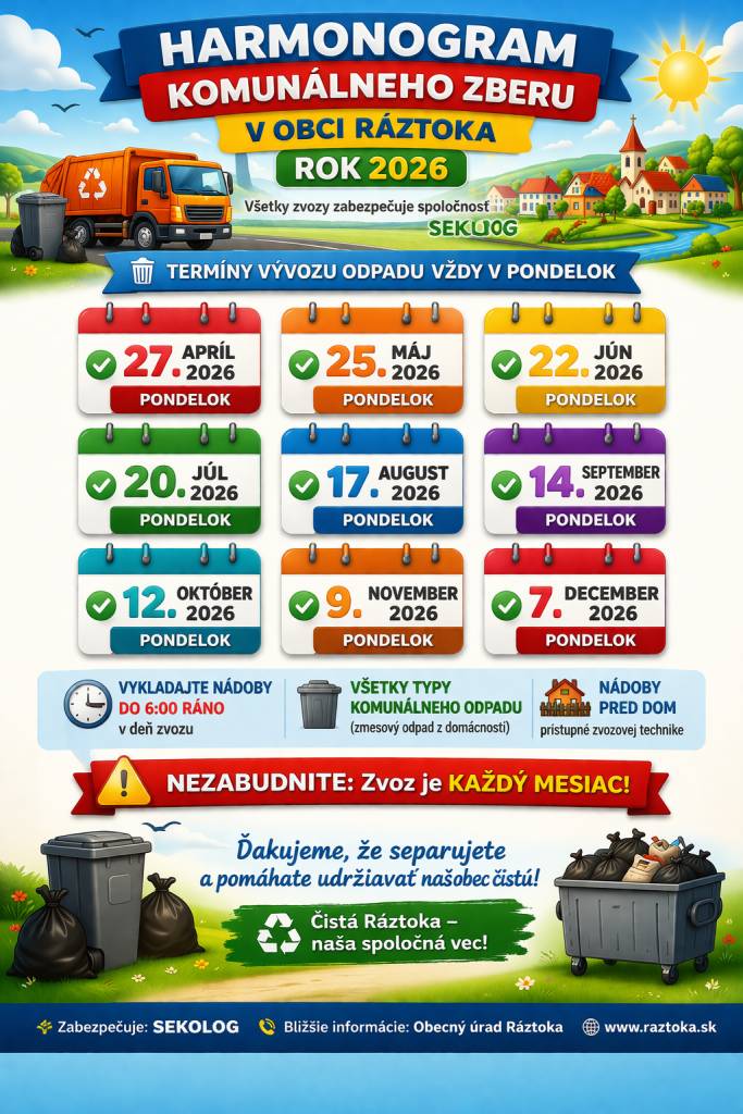 Informujeme Vás o zmene zvozu komunálneho odpadu v obci Ráztoka na rok 2026.  Ďakujeme za pochopenie