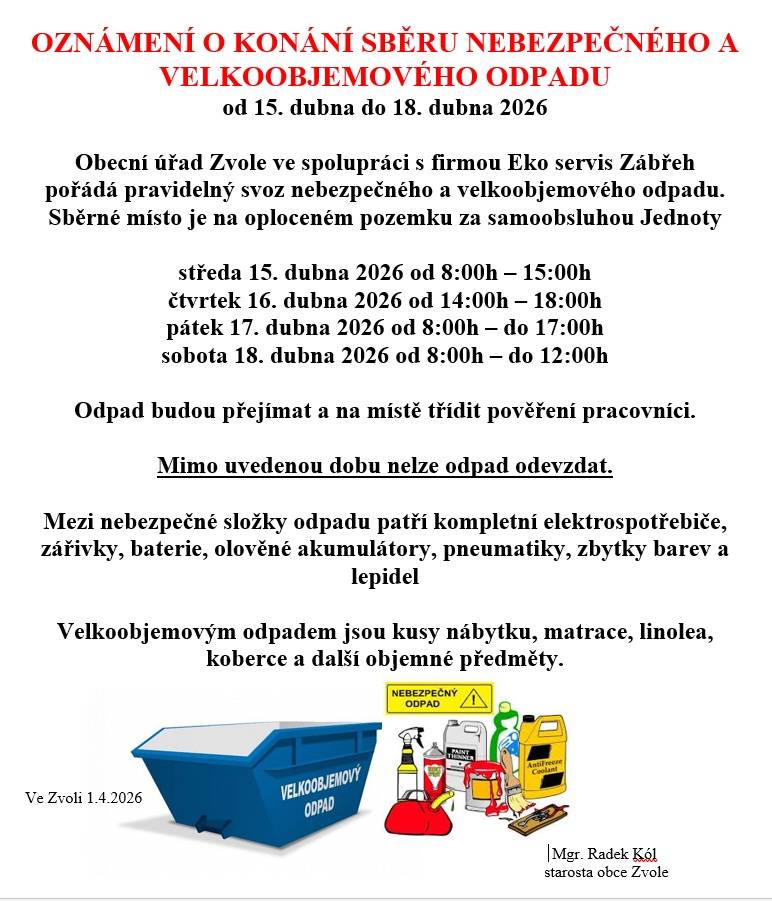 Sběr velkoobjemového a nebezpečného odpadu v obci Zvole