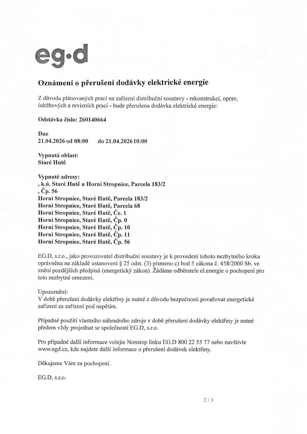 Staré Hutě, dne 21.04.2026, 08.00 - 10.00 hodi