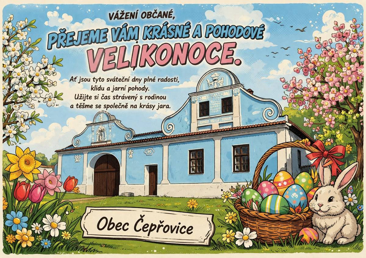 Vážení občané, přejeme Vám krásné a pohodové Velikonoce. Ať jsou tyto sváteční dny plné radosti, klidu a jarní pohody. Užijte si čas strávený s rodinou a těšme se společně na krásy jara. Obec Čepřovice