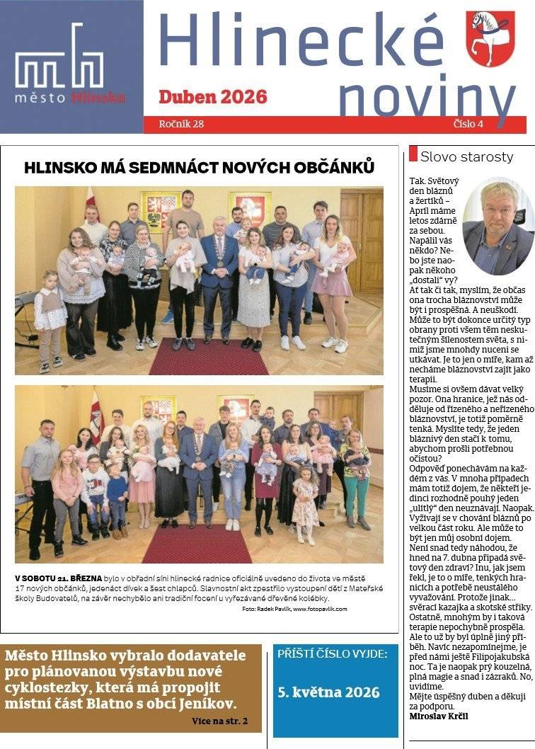 Dobrý den, zasíláme Vám dubnové vydání radničního měsíčníku Hlinecké noviny. Hlinecké noviny – dube