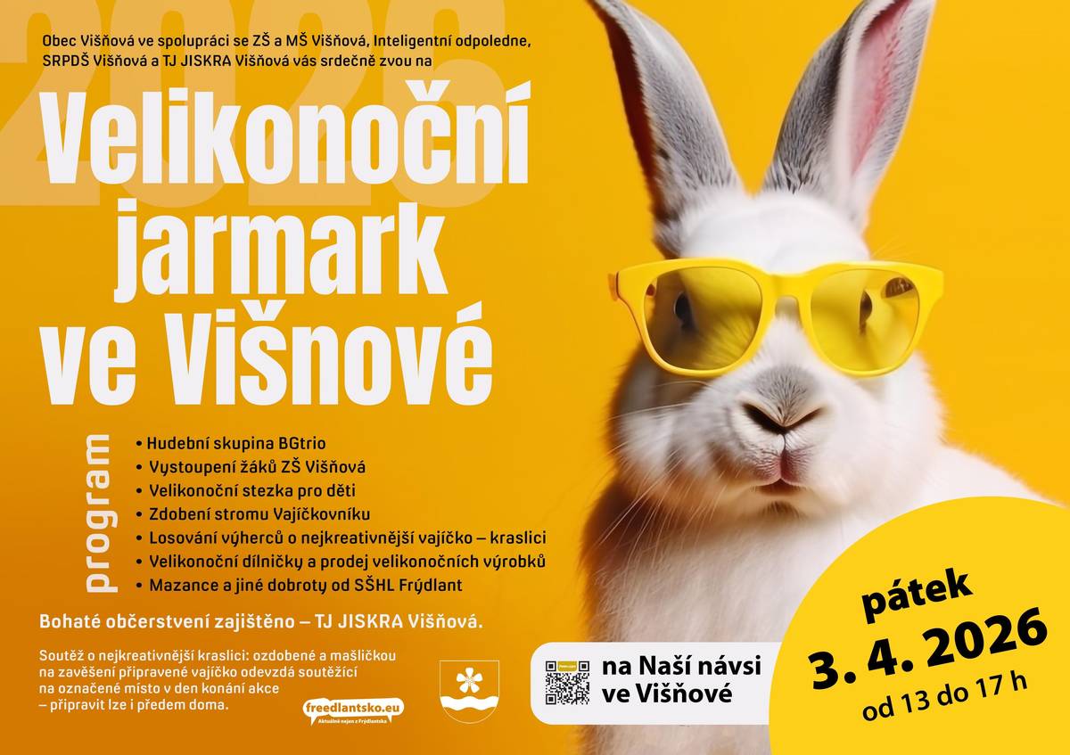 Letos se o občerstvení postarají ⚽fotbalisté z TJ JISKRA Višňová, teplé nápoje 🍵zabezpečuje již tradičně SRPDŠ a k naší radosti se opět vrací chutné mazance a jiné sladké pečivo 🥐 od učňů ze SŠHL Frýdlant. Pro děti je připravena Velikonoční stezka 🐰 (Dětské hřiště za klubíkem) a pro všechny věkové kategorie soutěž o Nejlepší ozdobené vajíčko🎨🐣 .  Děti ze základní školy si pro nás připravily zpestření v podobě tanečního a pěveckého vystoupení, celý průběh nám bude zpříjemňovat hudba skupiny BGtrio. V prostorách knihovny najdete prodejce s rozmanitým velikonočním zbožím, ve vedlejším klubíku budou připravené dílničky.  Těšíme se na vás!