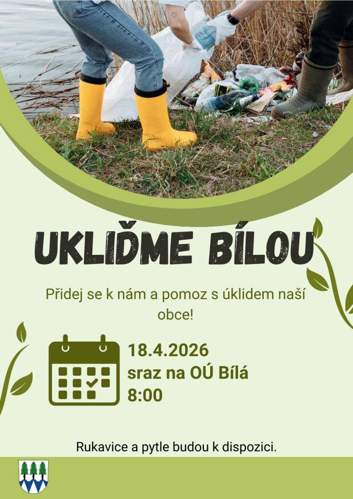 Přidej se k nám a pomoz s úklidem naší obce! Máte-li tipy na konkrétní místa, která by bylo potřeba uklidit, pište nebo volejte na OÚ - 558 690 020, 724 045 337, ou@obecbila.cz.