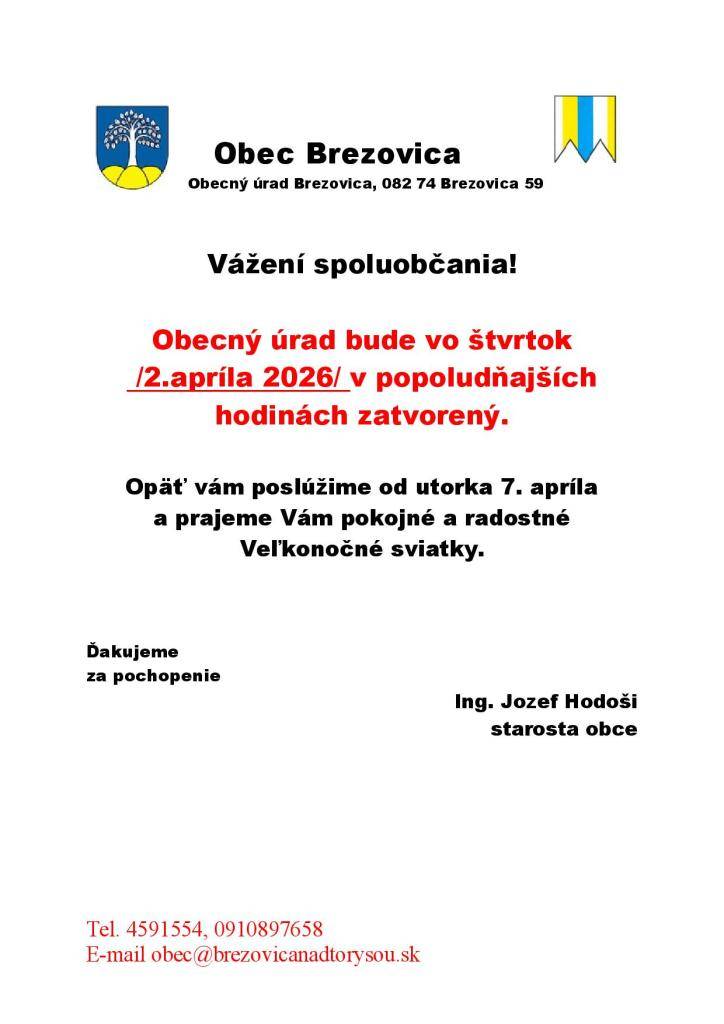 Oznam - Obecný úrad Brezovica