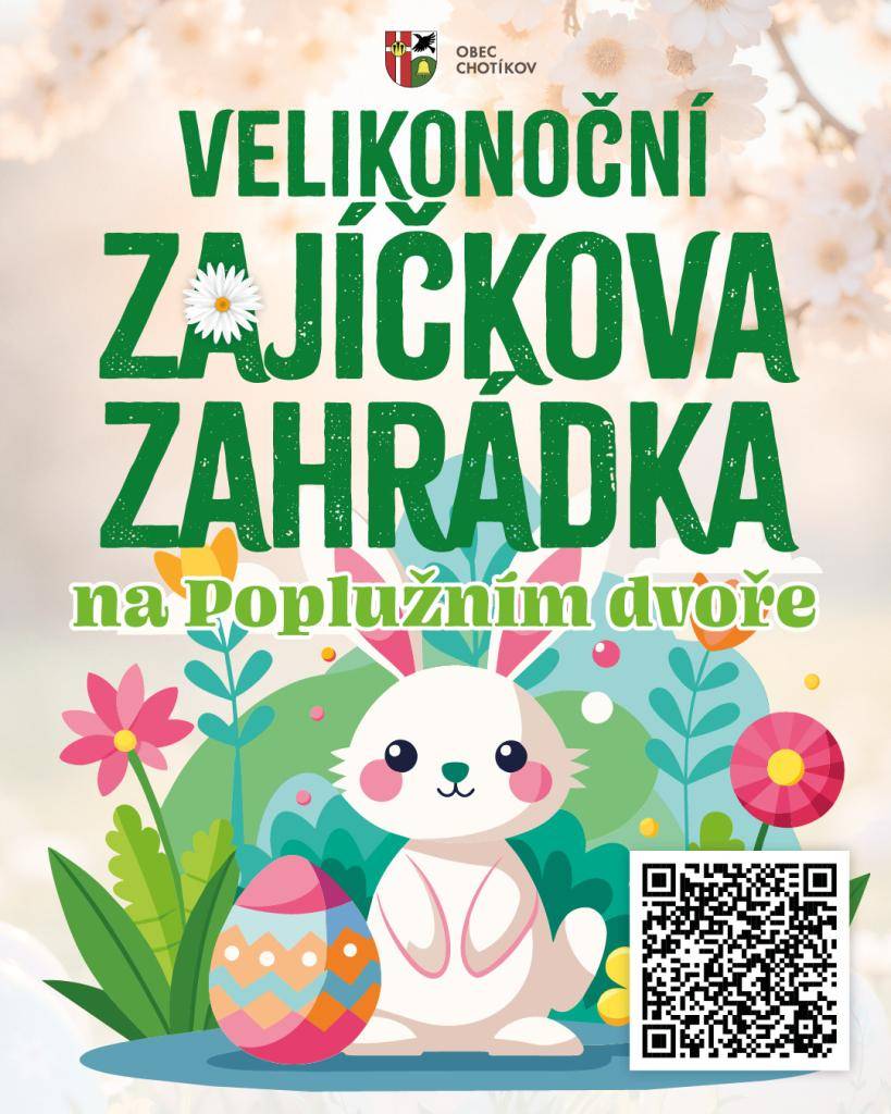 Zavítejte s vašimi dětmi ke dvoru u kostela v Chotíkově, kde je pro vás v době Velikonoc připravena "Zajíčkova zahrádka" s interaktivní hrou pro celou rodinu.