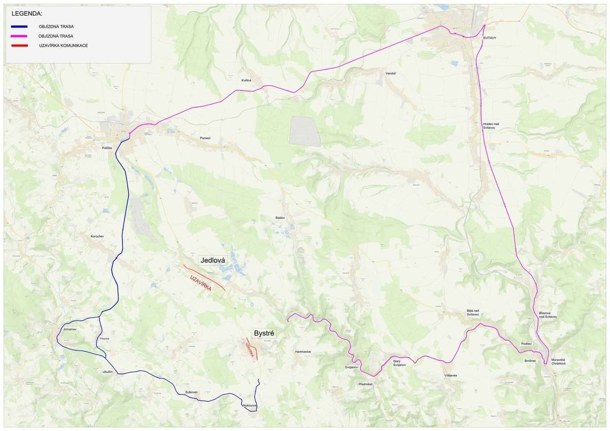 Od 7.4.2026 začne dlouho plánovaná modernizace silnice II/362 v Jedlové a Bystrém. Rekonstrukce se letos týká intravilánu Jedlové a Bystrého a také úseku z Bystrého na hranice kraje. Úsek mezi Jedlovou a Bystrým se bude opravovat až v příštím roce. Po dobu stavby nebude možné projet autem celou Jedlovou – z horní části obce do dolní se vozidlem nedostanete. Obcí bude možné projít pěšky, ale autem ne. V přiložené mapce jsou vyznačeny objízdné trasy v Jedové 🟥🟦 Postup prací Silnice je rozdělena na dvě části: 🟥 Červené úseky realizují se jako první (současně) doba opravy cca 2,5 měsíce během této doby budou modré úseky dočasně sjízdné 🟦 Modré úseky přijdou na řadu po dokončení červených pak se naopak využijí už opravené červené úseky V Bystrém je stavba je rozdělena na 5 úseků (viz příloha). Úsek č. 1: hranice obce – ulice Na Drahách přibližně po čp. 299 Úsek č. 2: ulice Na Drahách po křižovatku ulic Nerudova a T. Novákové Úsek č. 3: ulice Pod Poštou, nám. Na Podkově po křižovatku u čp. 9 Úsek č. 4: nám. Na Podkově po křižovatku před radnicí Úsek č. 5: nám. Na Podkově, ulice Moravská Doprava mimo Bystré: Směr na Poličku bude možný přes Nedvězí a Korouhev nebo přes Hamry, Dolní Jedlovou, Stašov a Pomezí, zpět z Poličky pak přes Korouhev a Nedvězí nebo přes Pomezí, Baldu, Dolní jedlovou a hamry. Pozor úseky Jedlová, Stašov a pomezí a Jedlová, Balda a Pomezí budou řešeny jako „jednosměrky“. Směr na Svojanov, Olešnice a Brno bude možný přes Hamry a dále pak po běžně užívaných komunikacích. Výlukové jízdní řády: https://www.jedlova.com/file.php?nid=6793&oid=13285426 https://www.jedlova.com/file.php?nid=6793&oid=13285429