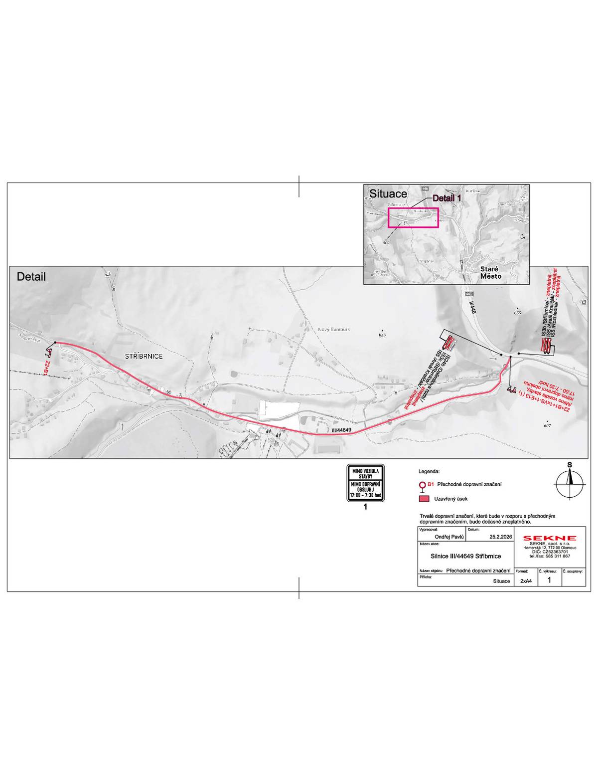 Informujeme občany, že z důvodu stavební úpravy vozovky v místní části Stříbrnice bude ve dnech 7.4.2026 – 11.5.2026 krajská silnice ve Stříbrnicích úplně uzavřena, viz přiložená situace. Případné dotazy směřujte, prosím, na zodpovědnou osobu. Zodpovědná osoba: Ing. Matěj Hrdina, tel.: 737 597 393 STRABAG a.s., Kačírkova 982/4, 158 00 Praha 5