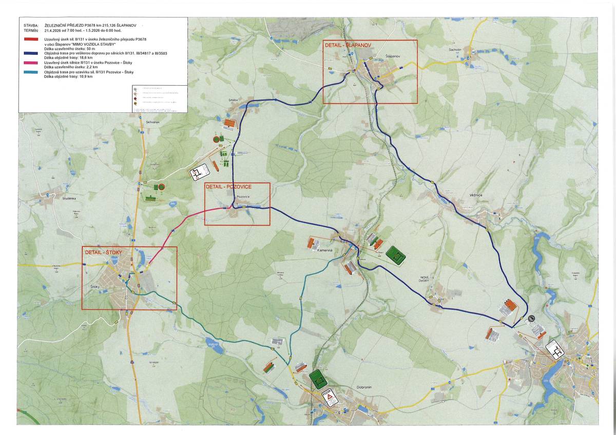 Z důvodu rekonstrukce hlavního železničního přejezdu a kolejiště ve Šlapanově proběhne jeho úplná uzavírka s objízdnými trasami pro veškerou dopravu v termínu od 7:00 hod 21.4.2026 do 6:00 hod 1.5.2026.