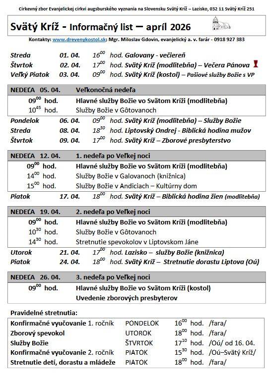 Rozpis bohoslužobných podujatí na mesiac apríl 2026