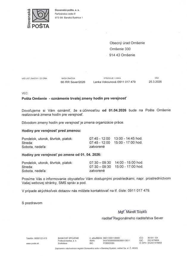 Od 1.4.2026 bude na Pošte Omšenie realizovaná zmena hodín pre verejnosť.