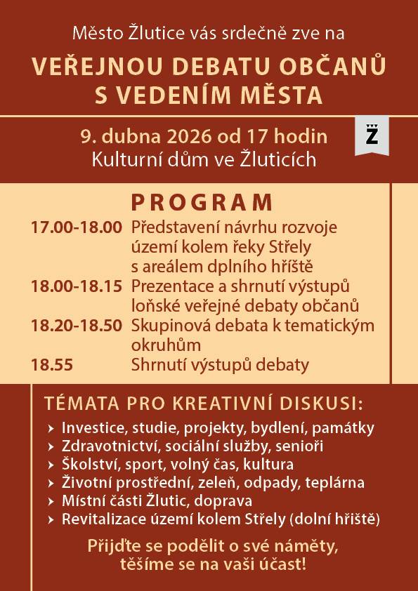 Vedení města Žlutice zve občany na diskusní setkání k tématům, která se týkají života a rozvoje našeho města. Pokud Vás zajímá, co se ve Žluticích chystá, a chcete se podílet na společném rozhodování a plánování, přijďte ve čtvrtek 9. 4. od 17 hodin do Kulturního domu!
