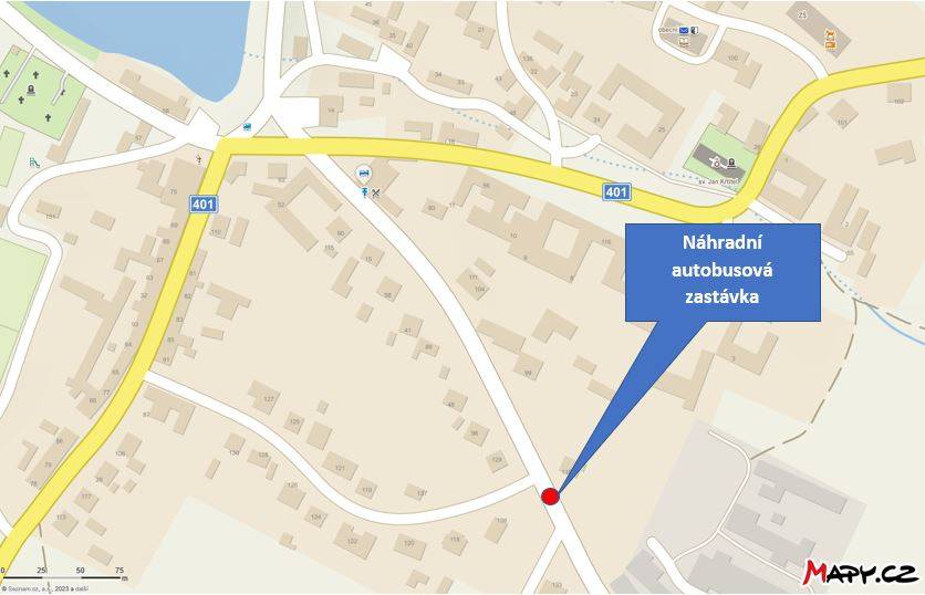 Upozorňujeme, že náhradní autobusová zastávka bude od 8.3.2023 po dobu uzavírky křižovatky umístněná před domem Lavických (č.p. 135) viz. přiložená mapa