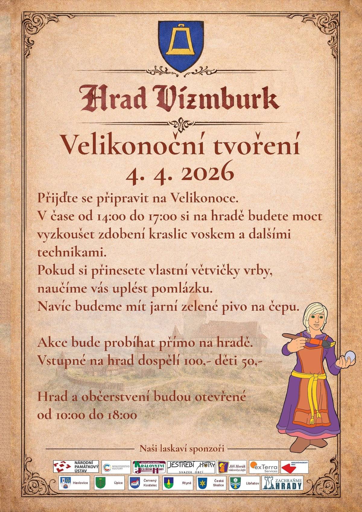 Přijďte si užít příjemné odpoledne plné velikonoční atmosféry! V sobotu 4. 4. 2026 od 14:00 do 17:00 vás čeká tvoření, zdobení kraslic i pletení pomlázek 🐣 Těšit se můžete i na malé občerstvení a jarní zelené pivo 🍺💚 Více informací najdete na plakátku 👇 Těšíme se na vás! 🌸