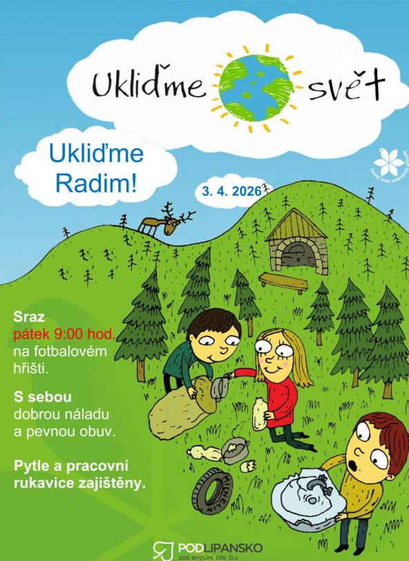 V pátek 3.4.2026 proběhne každoroční úklid obce. Sraz v 9 hod. na hřišti. Pytle, rukavice a občerstvení zajištěno.