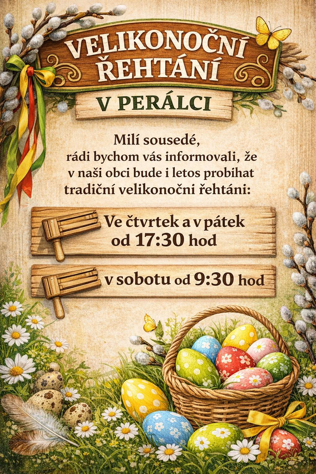 Milí sousedé, rádi bychom Vás informovali, že v naší obci bude i letos probíhat tradiční velikonoční řehtání. Zelený čtvrtek od 17:30 Velký pátek od 17:30 Bílá sobota od 9:30