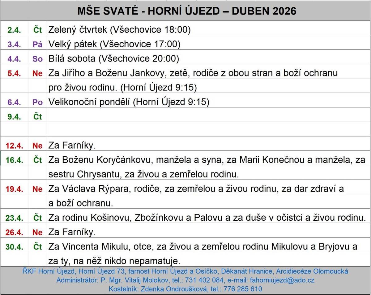 Oprava mší svatých v dubnu