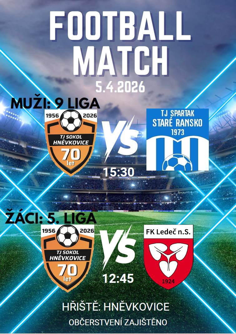 TJ Sokol vás zve na fotbalová utkání na domácí půdě, která se konají 5. 4. 2026.  Více informací - viz. příloha.