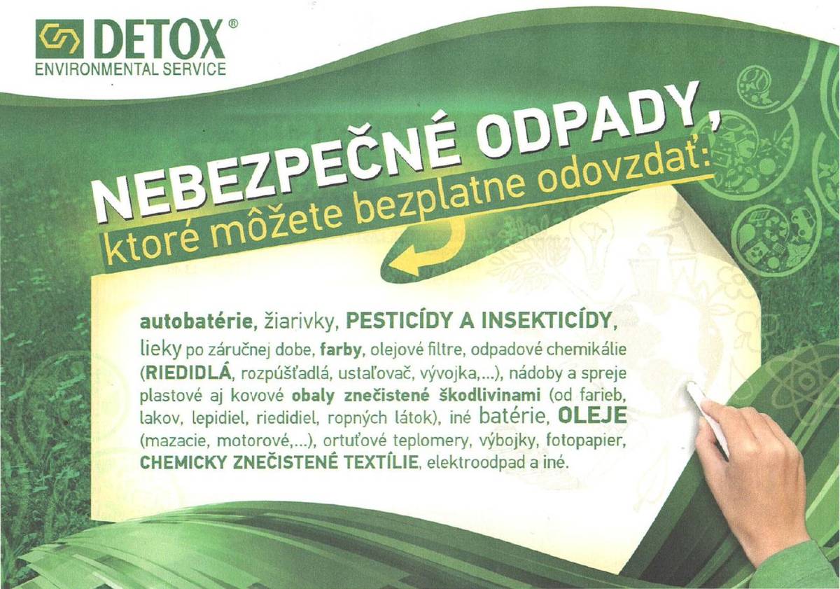 Mesto Poltár v spolupráci so spoločnosťou Detox, s.r.o., uskutoční dňa 21.04.2026 (utorok) jarný zber nebezpečných odpadov z domácností.