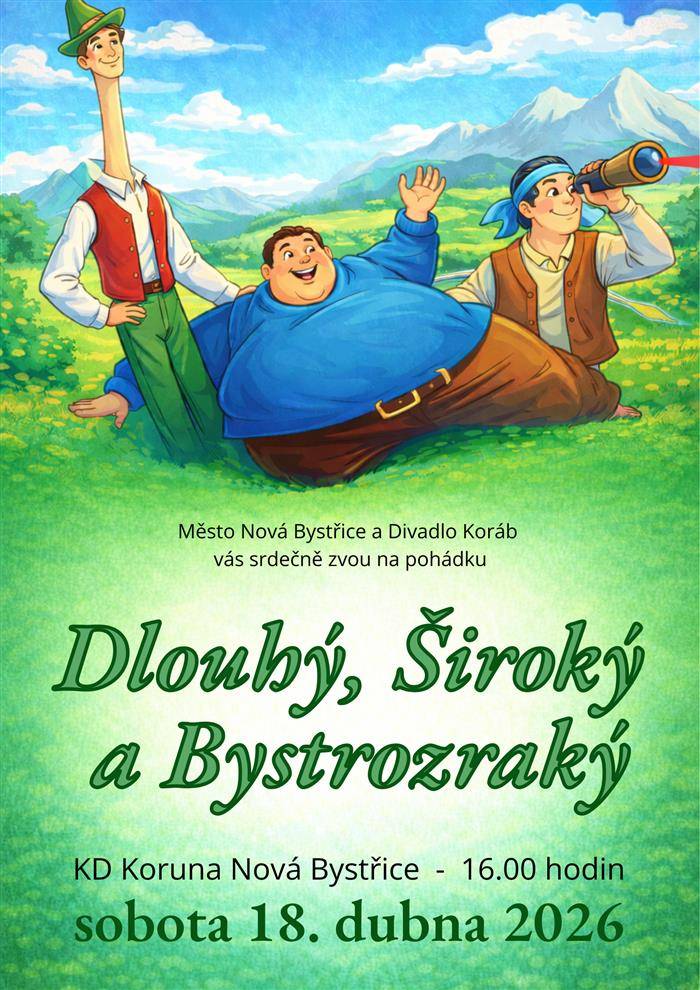 V klasické pohádce v provedení oblíbeného Divadla Koráb hrají herci i loutky a těšit se můžete i na písničky. Dlouhý se ze svých čtyřiceti centimetrů dokáže vytáhnout až do dvou metrů, Široký se šíří k neudržení a Bystrozraký po sundání šátku bystří své světelné oči. Uvidíte statečného prince, krásnou princeznu a škodolibého Černokněžníka, který princeznu unese na svůj zámek. A to je právě něco pro Dlouhého, Širokého a Bystrozrakého! Jak tohle může dopadnout, na to se přijďte podívat v sobotu 18. dubna 2026 v 16.00 hodin do KD Koruna.