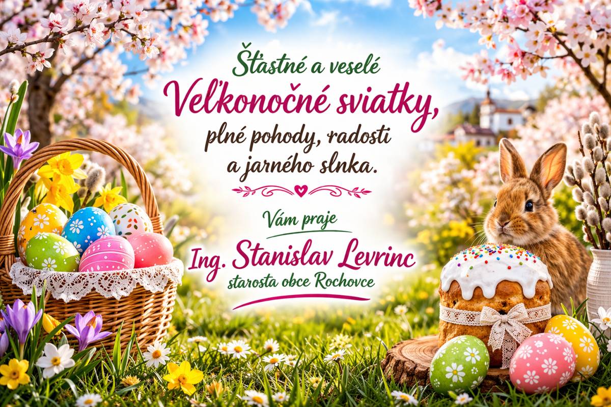Vážení občania,  prajem Vám pokojné a radostné veľkonočné sviatky plné zdravia, lásky a pohody.  Nech Vám prinesú novú nádej, silu a radosť do ďalších dní.  S úctou  Ing. Stanislav Levrinc  starosta obce
