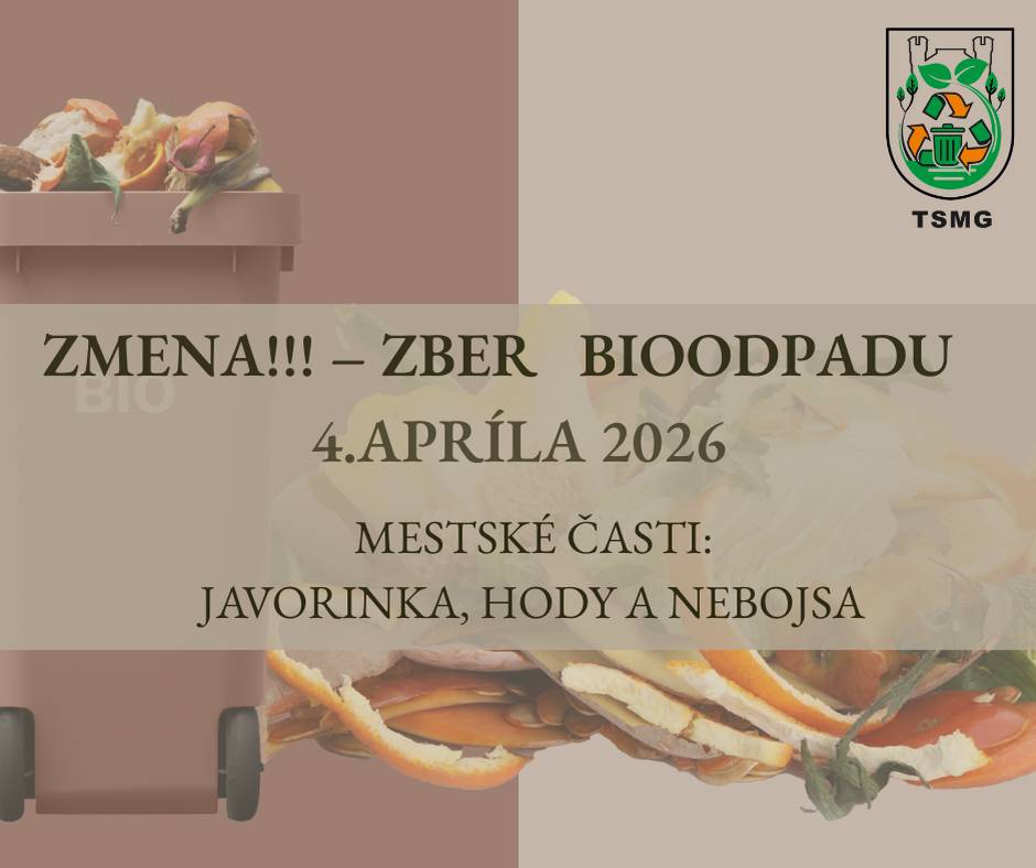 Technické služby mesta Galanta oznamujú, že z dôvodu veľkonočných sviatkov sa zber biologicky rozložiteľného kuchynského odpadu (hnedé nádoby), pôvodne plánovaný na 6. apríla 2026 (Veľkonočný pondelok), uskutoční už v sobotu 4. apríla 2026.    Zber sa týka mestských častí: Hody, Javorinka a Nebojsa.