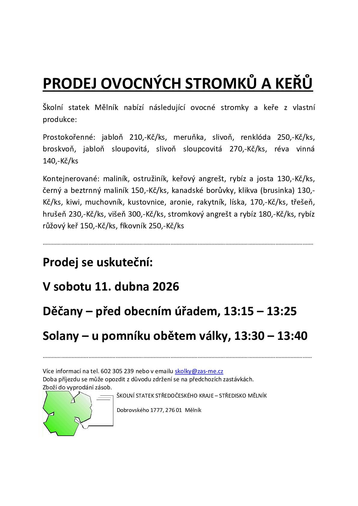 Školní statek Mělník bude 11. dubna 2026 v Děčanech a Solanech prodávat stromky a další rostliny