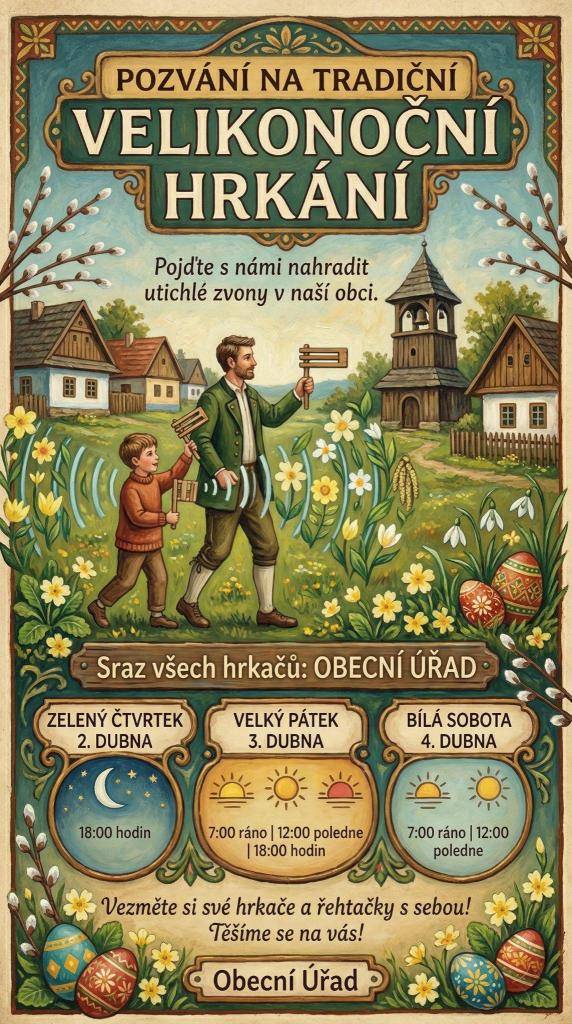 Zveme vás na tradiční Velikonoční hrkání! Vážení občané, milé děti, pojďte s námi nahradit utichlé zvony a udržet v naší obci tuto krásnou jarní tradici. Vezměte si s sebou hrkače, klepače a řehtačky a přidejte se k nám!   Kde: Sraz je vždy u obecního úřadu.