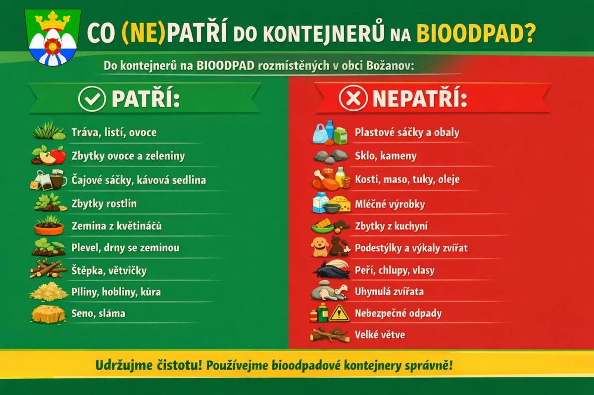Připomínáme občanům, co patří a nepatří do kontejnerů na bioodpad rozmístěných v obci Božanov, aby bylo třídění odpadu správné a šetrné k životnímu prostředí.