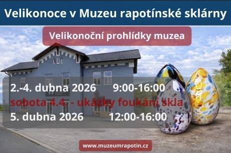 > 2.- 4.dubna 2026  > 9:00 - 16:00 hodin   > v sobotu 4.4. - ukázky foukání skla  > 5. dubna - od 12:00 - 16:00 hodi